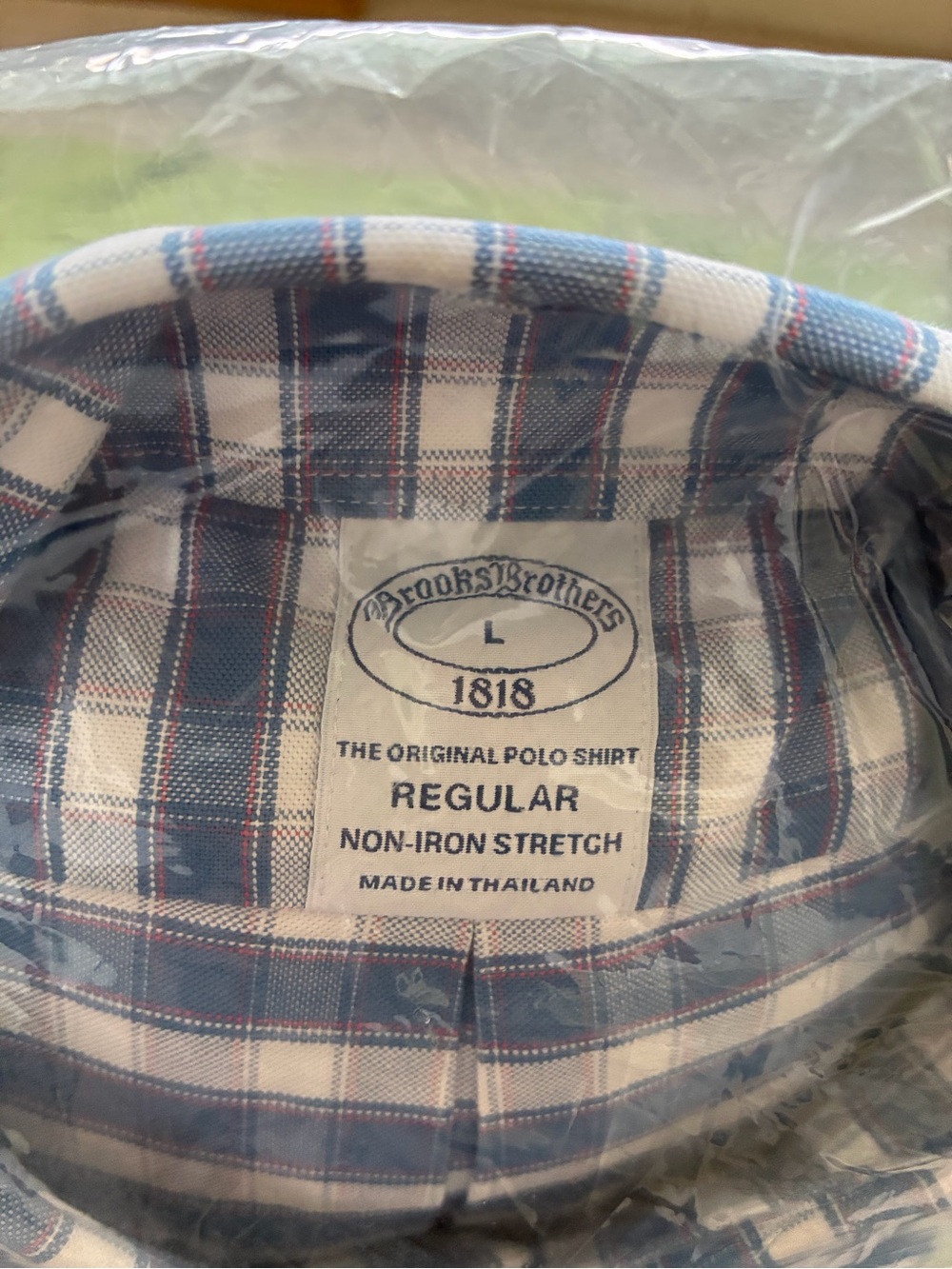 Brooks Brothers Blue and White Plaid Polo Shirt with Red Accent